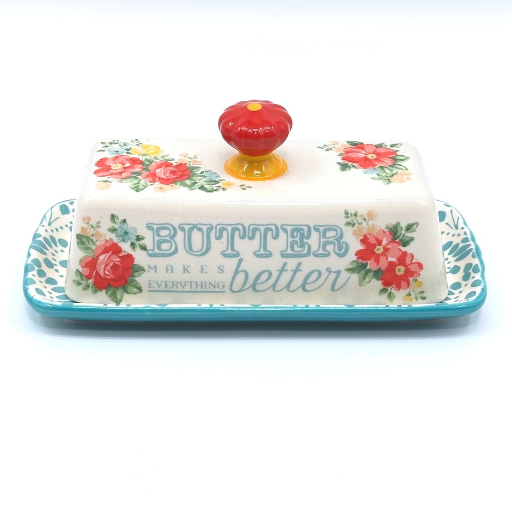 The Pioneer Woman Vintage Floral Stoneware Butter Dish Teal Red 2 Piece Set